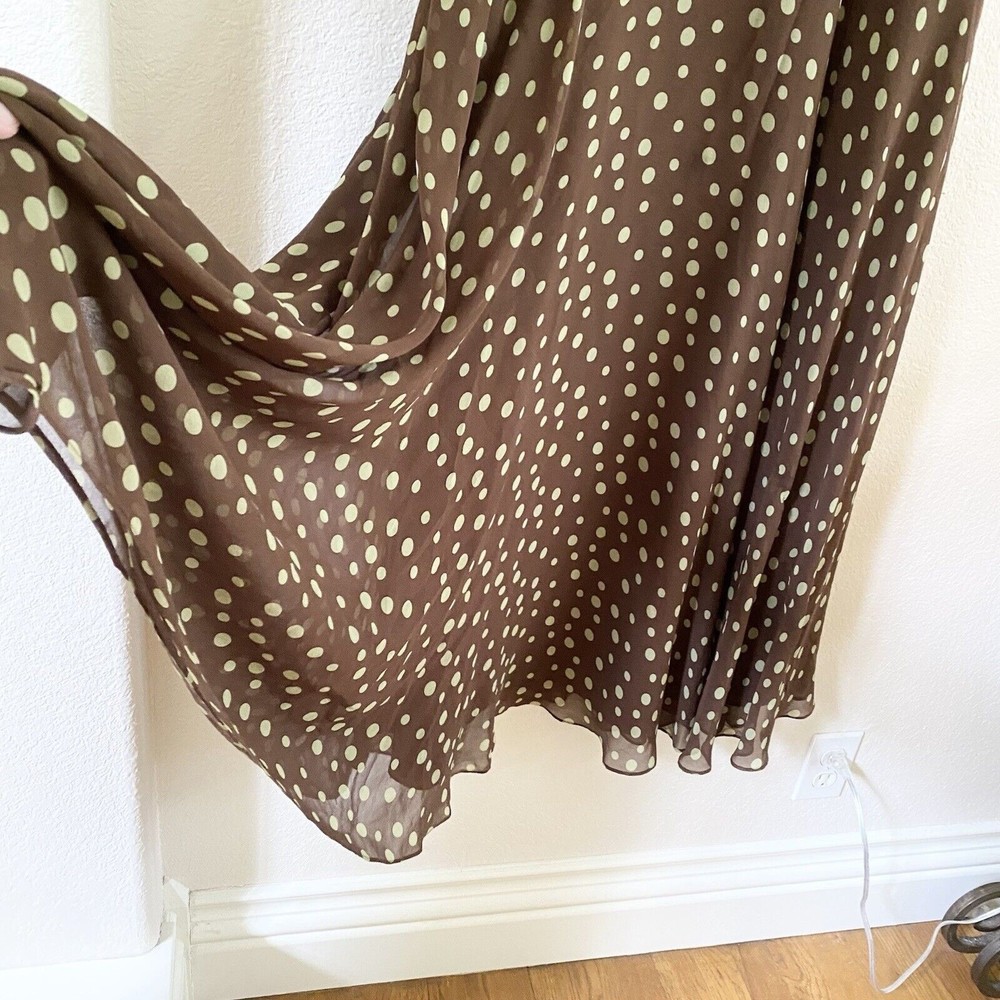 Suzi Chin Womens Size 10 Brown Green Polka Dot Empire Waist Silk Dress - Picture 15 of 16